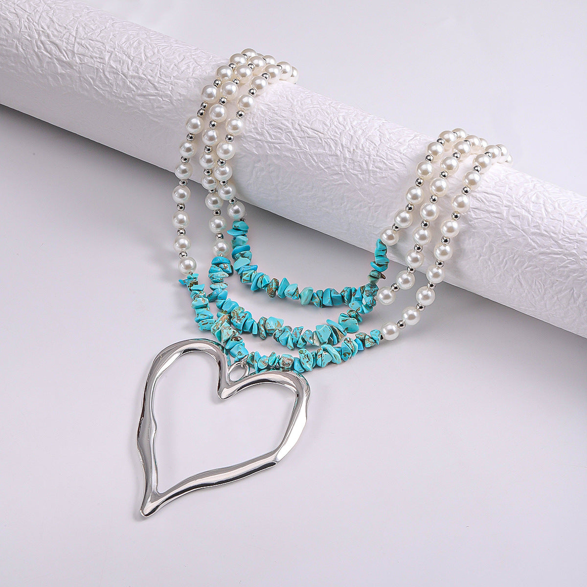 Wholesale Creative Exaggerated Love Pendant Necklace Multi Layered Turquoise Imitation Pearl Splice Necklace